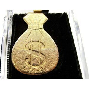 Money Bag Money Clip Textured Gold Tone Cash ID Holder Boxed